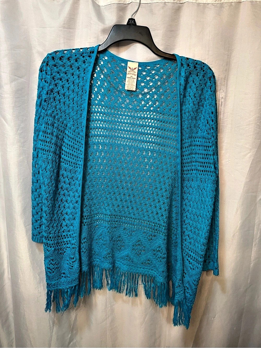 Faded Glory 2X Turquoise Crochet Fringe Open Front Cardigan